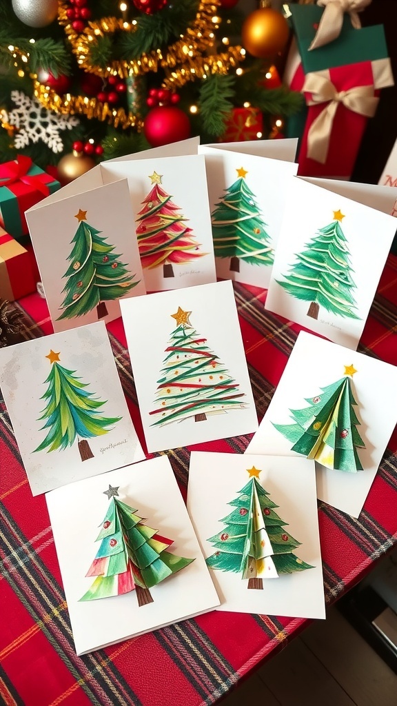 A variety of Christmas cards with different tree designs on a festive table.
